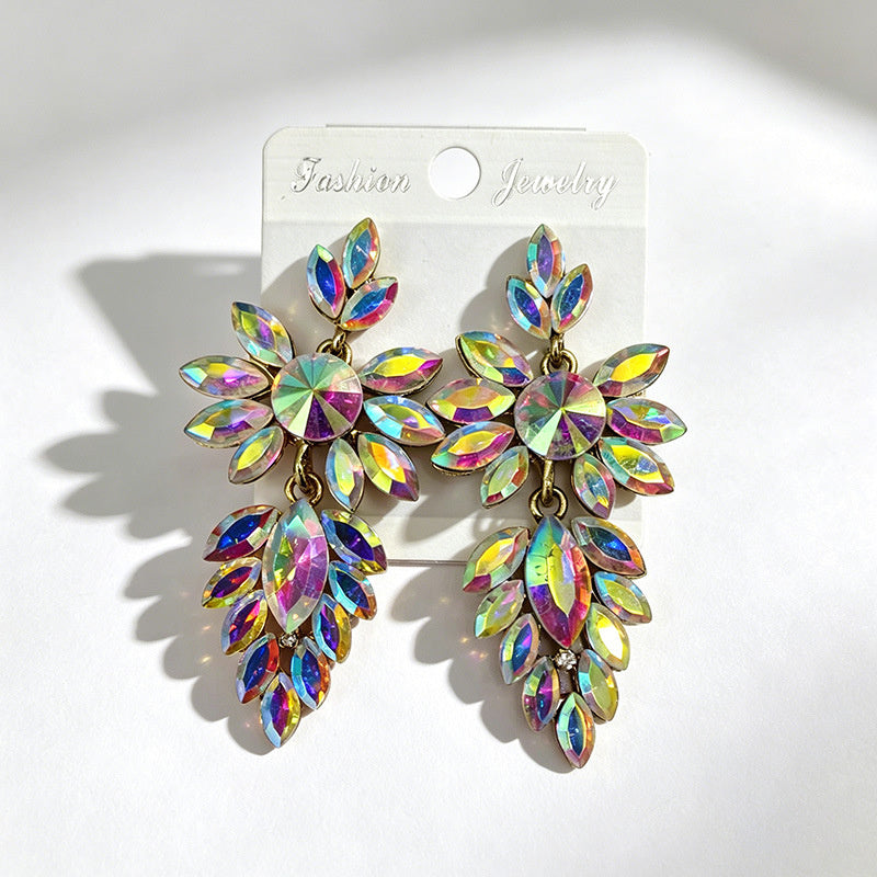Colorful leaf rhinestone diamond-studded elegant long drop earrings, Hong Kong style party accessories