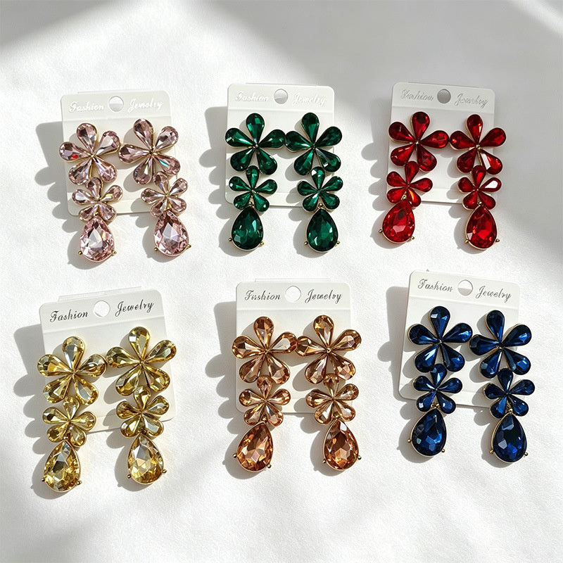 Floral waterdrop rhinestone long elegant multi-color crystal drop earrings, accessories for dress and banquet