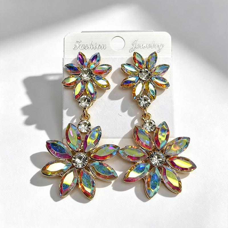 Light luxury style double-layer rhinestone flower for women, high-end versatile commuter earrings