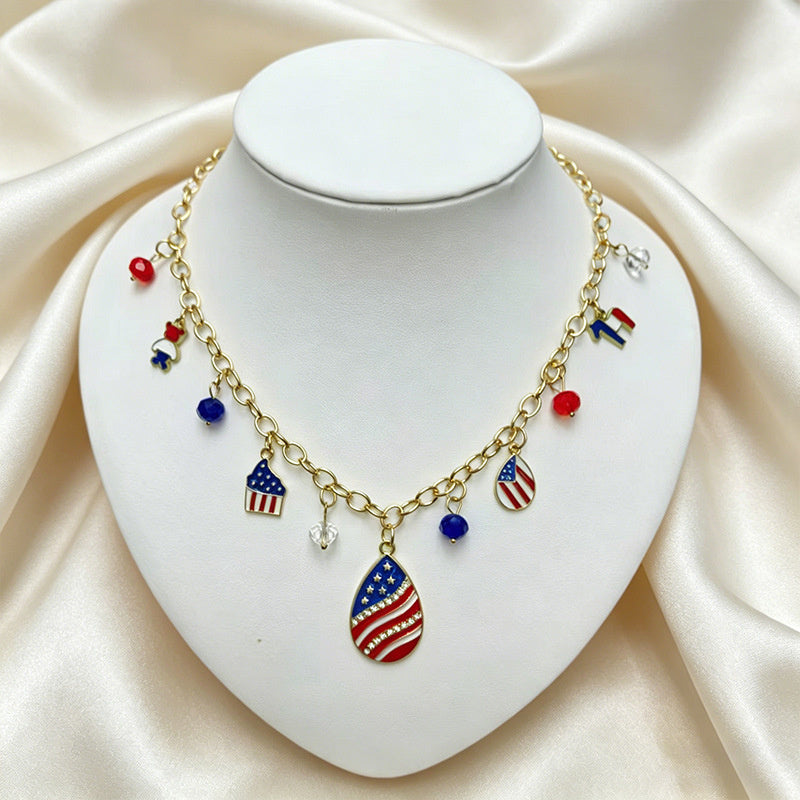 American Independence Day themed flag necklace for women, creative oil-drip star and heart pendant bracelet