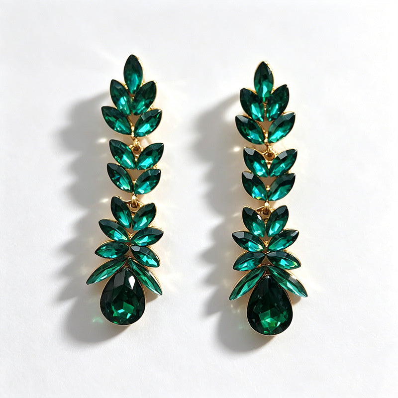 Colorful crystal wheat ear long water drop earrings, dress accessories, stage performance earrings