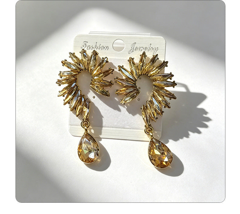 Colorful Stone Water High-End Long Drop Earrings, Versatile Metal Jewelry