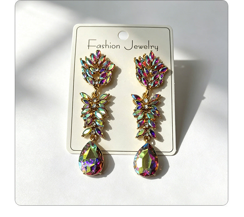 Colorful Crystal Leaf Long Earrings, Luxurious Palace-Style Exquisite Atmosphere Fashion Earrings