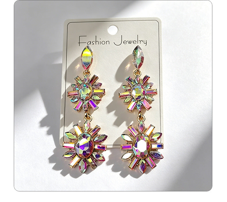 Multi-color rhinestone flower earrings, light luxury and versatile