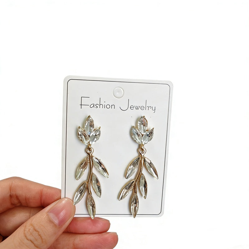 Earrings with crystal leaves, flowers, and geometric studs, bridal full-diamond tassel earrings, high-end earrings