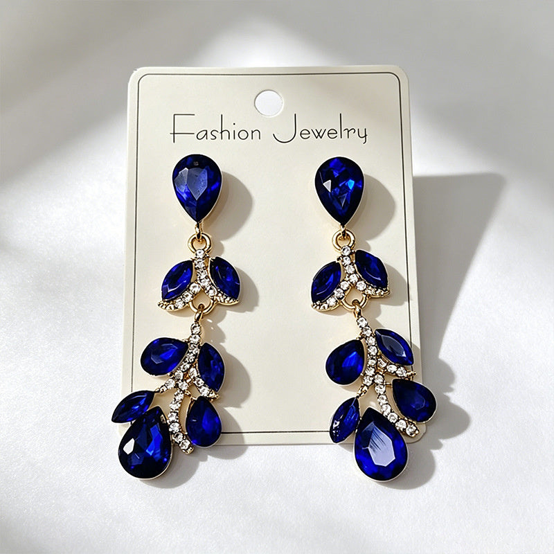 Colorful diamond leaf long earrings, niche light luxury design, stylish and versatile ear accessories