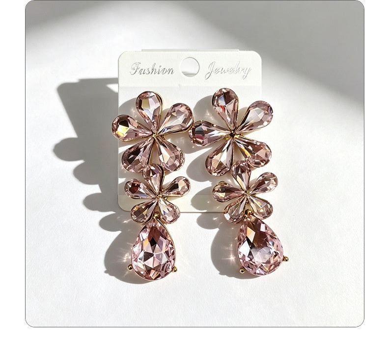 Floral waterdrop rhinestone long elegant multi-color crystal drop earrings, accessories for dress and banquet