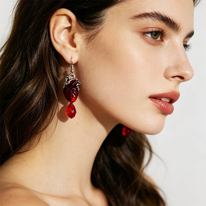 Punk-style simulated heart with distressed silver edges red crystal pendants, unique and trendy street style earrings