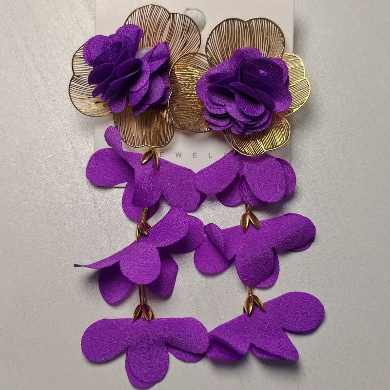 Exaggerated designer multi-layered chiffon floral earrings, beach vacation style earrings for women, light luxury