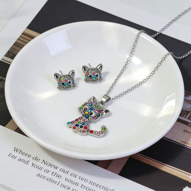 New colorful diamond-studded cat necklace and earring set for children, cute accessories