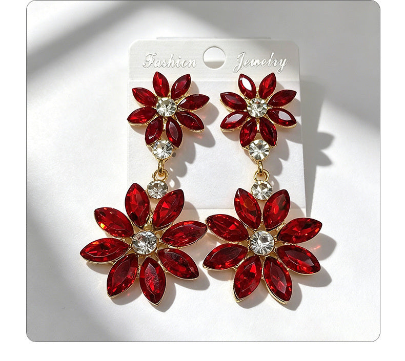 Light luxury style double-layer rhinestone flower for women, high-end versatile commuter earrings