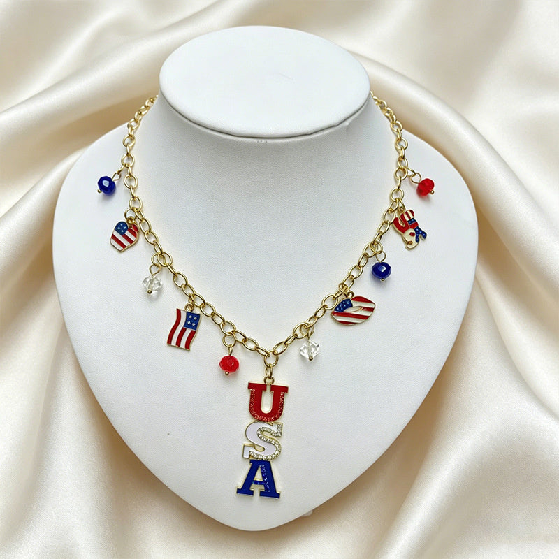 American Independence Day themed flag necklace for women, creative oil-drip star and heart pendant bracelet