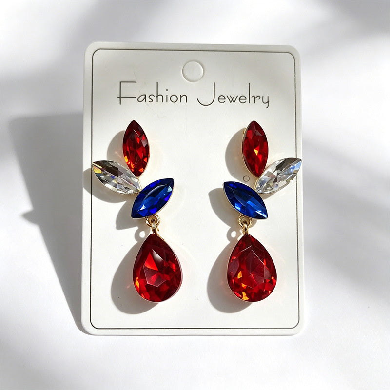 Red, blue, and white three-color crystal long water drop earrings, stage performance dress accessories, stylish ear jewelry