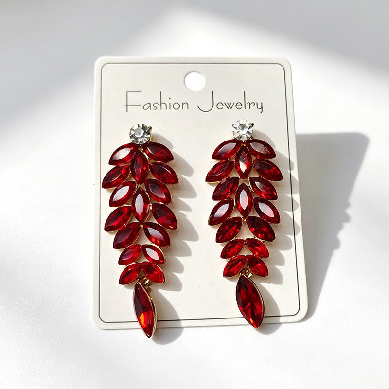 Diamond-studded leaf long tassel multi-color crystal earrings, evening style accessories