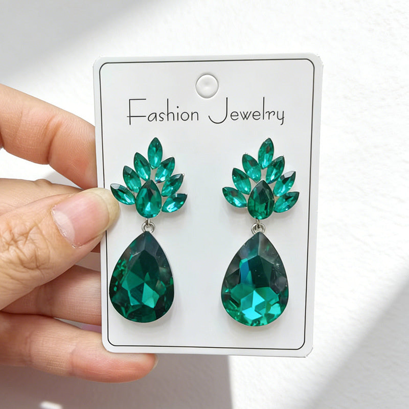 Water drop-shaped earrings, light luxury with diamond-encrusted floral leaf pendants, available in multiple colors, versatile and suitable for everyday wear as an accessory