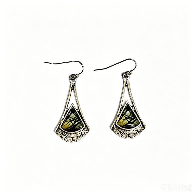 Fan-shaped triangular pattern gemstone ear hook crackle stone pendant niche everyday wear earrings
