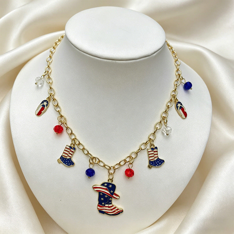 American Independence Day themed flag necklace for women, creative oil-drip star and heart pendant bracelet