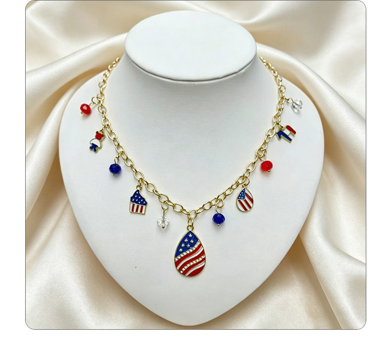 American Independence Day themed flag necklace for women, creative oil-drip star and heart pendant bracelet