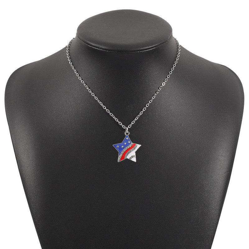 American Independence Day Flag Pendant Necklace with Rhinestones Patriotic Theme Collarbone Chain for Women
