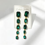 Palace-style rectangular colored diamond long drop gemstone pendant earrings, suitable for evening gowns, light luxury earrings