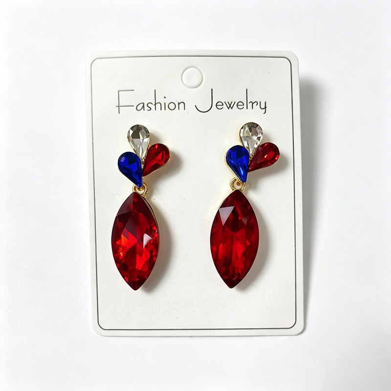 Red, blue, and white three-color crystal long water drop earrings, stage performance dress accessories, stylish ear jewelry