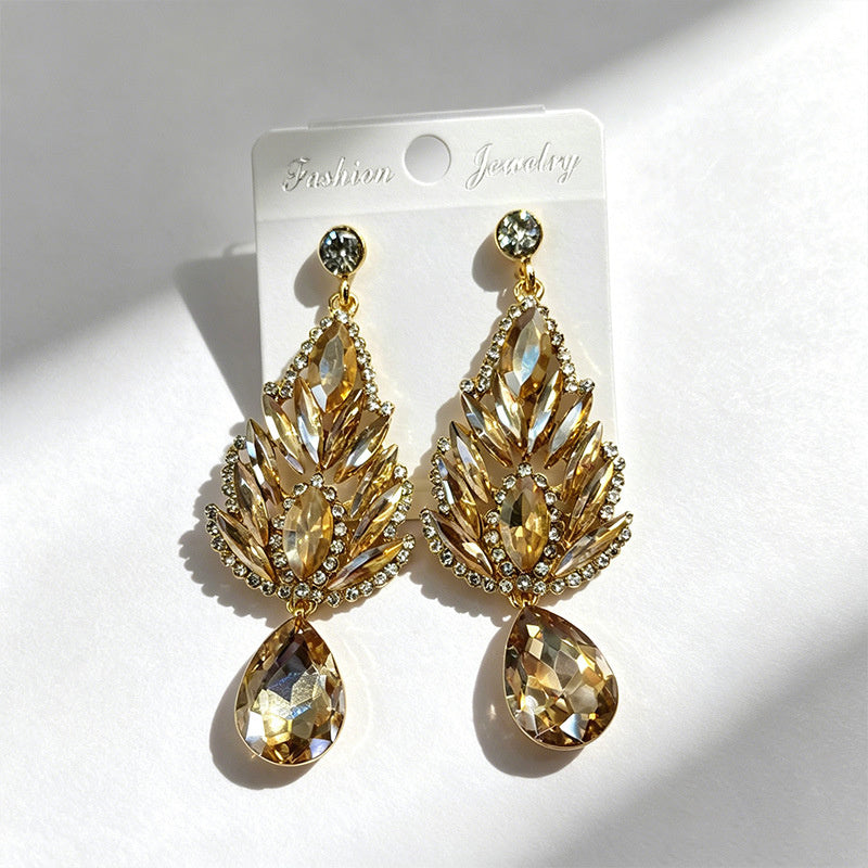 Winged-shaped rhinestone long light luxury colored diamond earrings, available in multiple colors, suitable for dress accessories