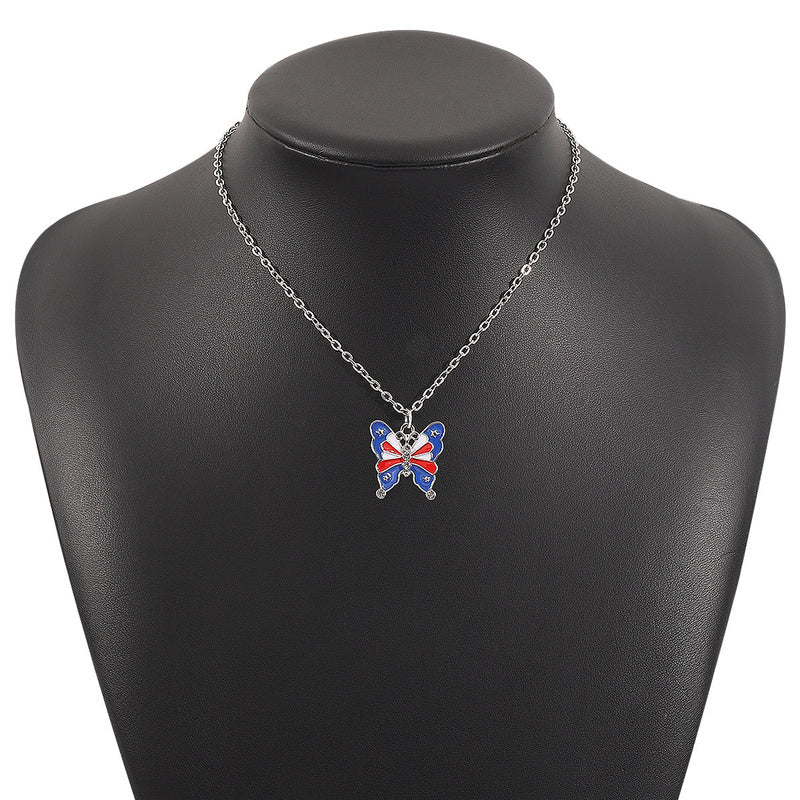 American Independence Day Flag Pendant Necklace with Rhinestones Patriotic Theme Collarbone Chain for Women