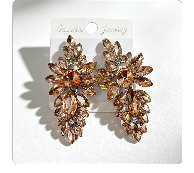 Colorful leaf rhinestone diamond-studded elegant long drop earrings, Hong Kong style party accessories