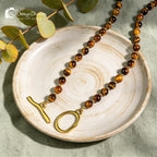 Boho Tiger's Eye Beaded Toggle Necklace| Gold Accents, Courage Protection Healing Crystal Statement Jewelry Gift for Her
