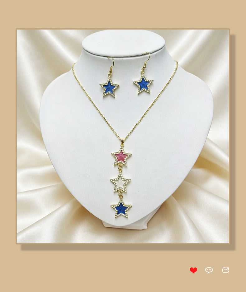 Star-shaped alloy jewelry set with colored diamond inlays oil-drip color scheme, women's necklace and earrings