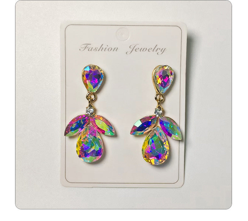 Diamond-studded multi-layered leaf drop earrings, high-end earrings