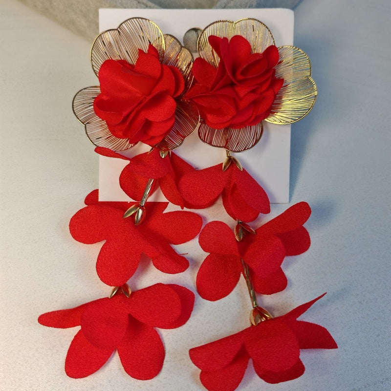 Exaggerated designer multi-layered chiffon floral earrings, beach vacation style earrings for women, light luxury