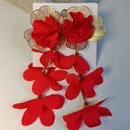 Exaggerated designer multi-layered chiffon floral earrings, beach vacation style earrings for women, light luxury