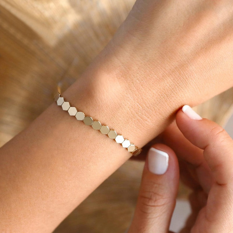 14K Solid Gold Honeycomb Bracelet: Geometric Hexagon Link Chain, Beehive Jewelry