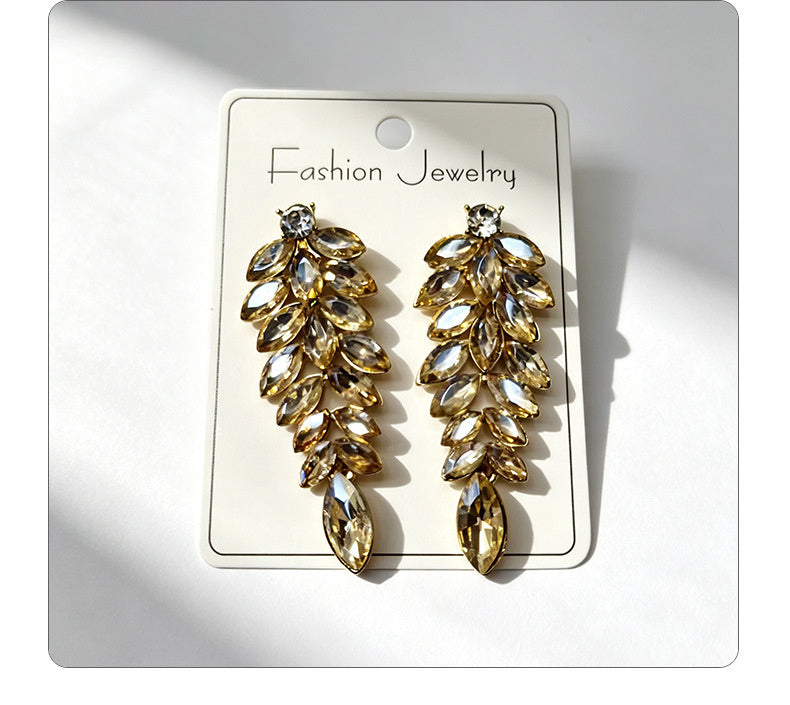 Diamond-studded leaf long tassel multi-color crystal earrings, evening style accessories