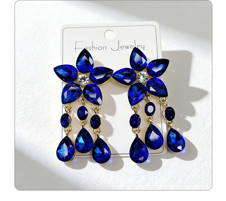 Colorful Gemstone Flower Long Tassel Rhinestone Drop Earrings Fashionable Trendy Women's Ear Accessories