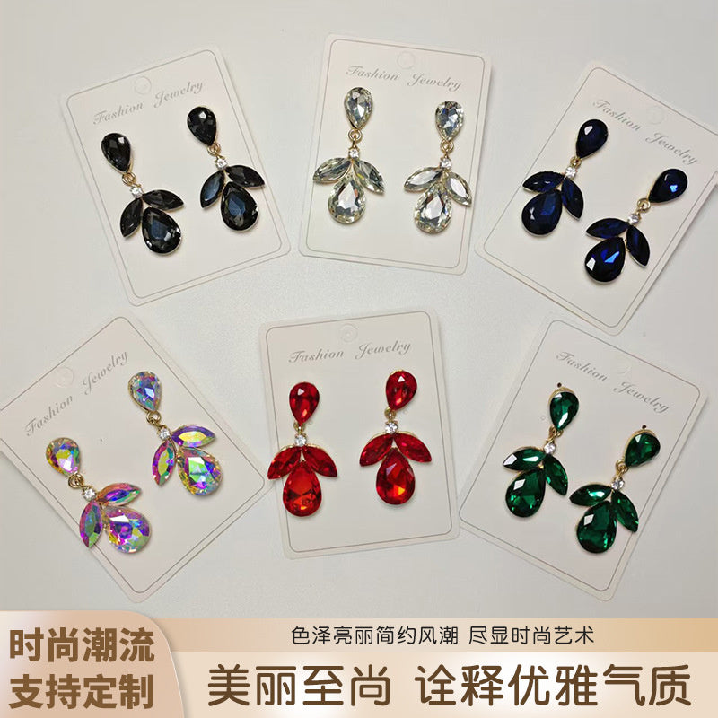 Diamond-studded multi-layered leaf drop earrings, high-end earrings
