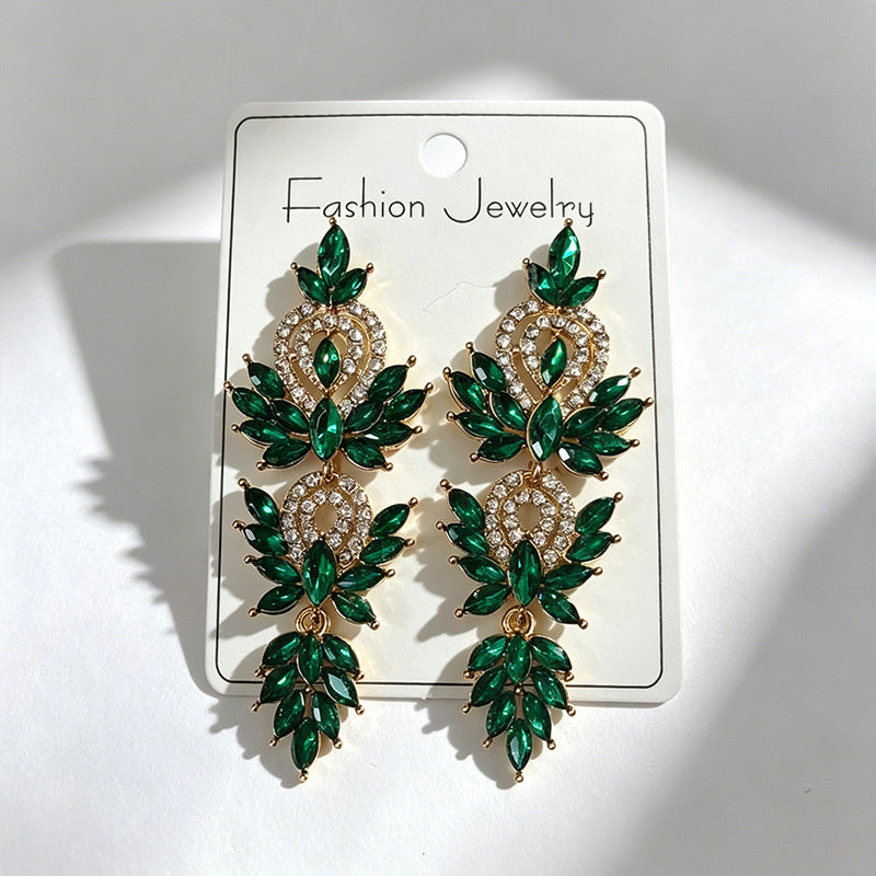 Colorful diamond wheat ear long earrings, niche light luxury design, stylish and versatile earrings