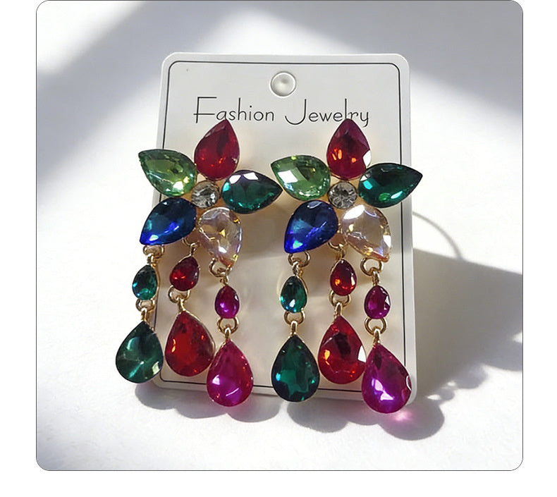 Colorful Gemstone Flower Long Tassel Rhinestone Drop Earrings Fashionable Trendy Women's Ear Accessories