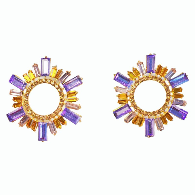 Alloy diamond-encrusted sparkling colorful diamond sunflower stage earrings, geometric circle evening earrings
