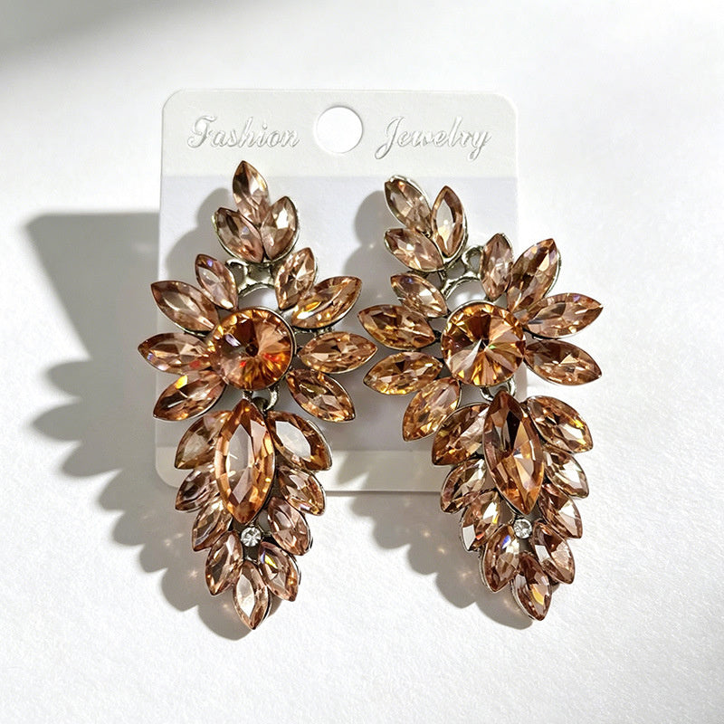 Colorful leaf rhinestone diamond-studded elegant long drop earrings, Hong Kong style party accessories