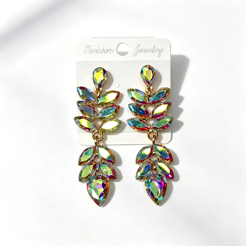 Multi-color crystal wheat ear long water drop earrings, stage performance dress accessories, earrings