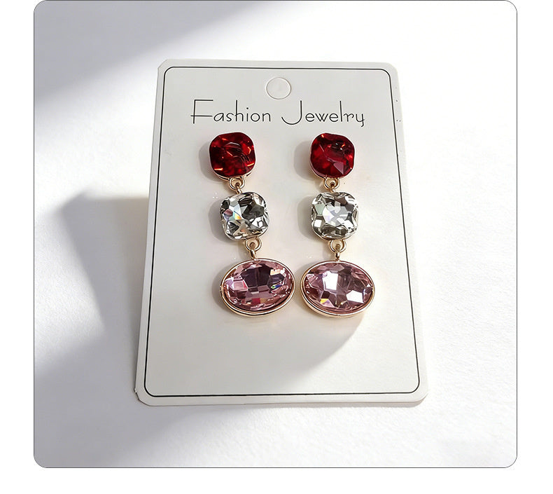 Luxury three-color gemstone with oval teardrop shape, available in multiple colors, durable and non-fading, fashionable earrings