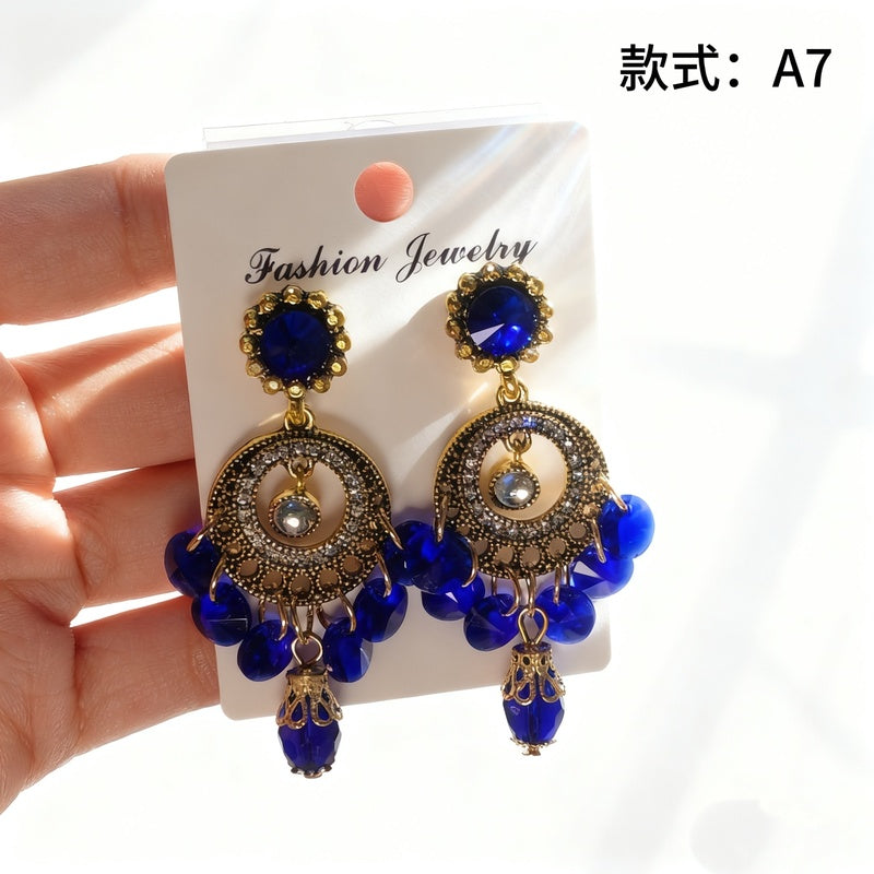 Bohemian style earrings with glass tassels, exaggerated and stylish