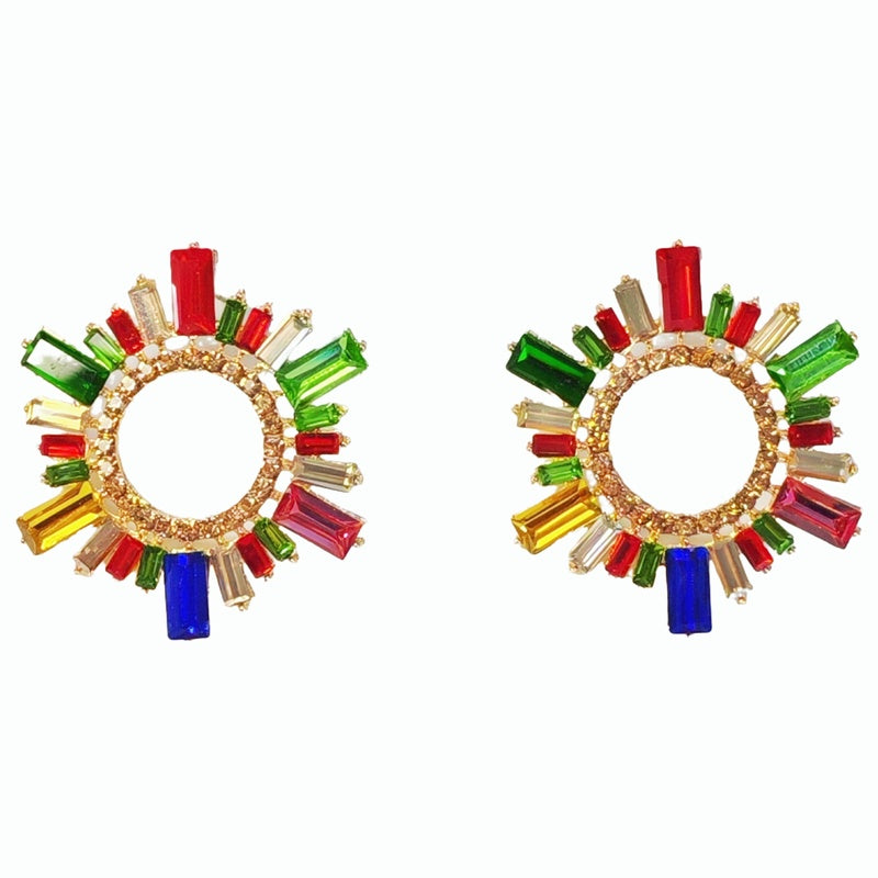 Alloy diamond-encrusted sparkling colorful diamond sunflower stage earrings, geometric circle evening earrings