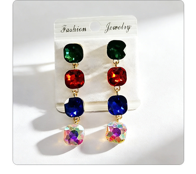 Multi-color beaded long water drop crystal earrings, fashionable, simple, versatile and elegant earrings
