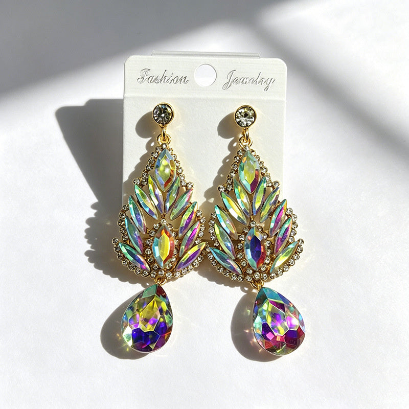 Winged-shaped rhinestone long light luxury colored diamond earrings, available in multiple colors, suitable for dress accessories