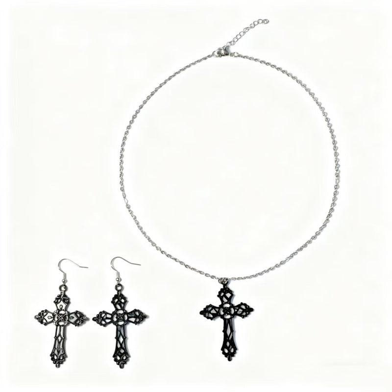 Cross necklace earring set, metal layered wear, simple and unique collarbone chain earrings