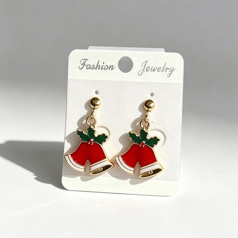 Christmas-themed alloy oil-drip earrings, bell, snowman, wreath set, cute cartoon holiday party children's earrings