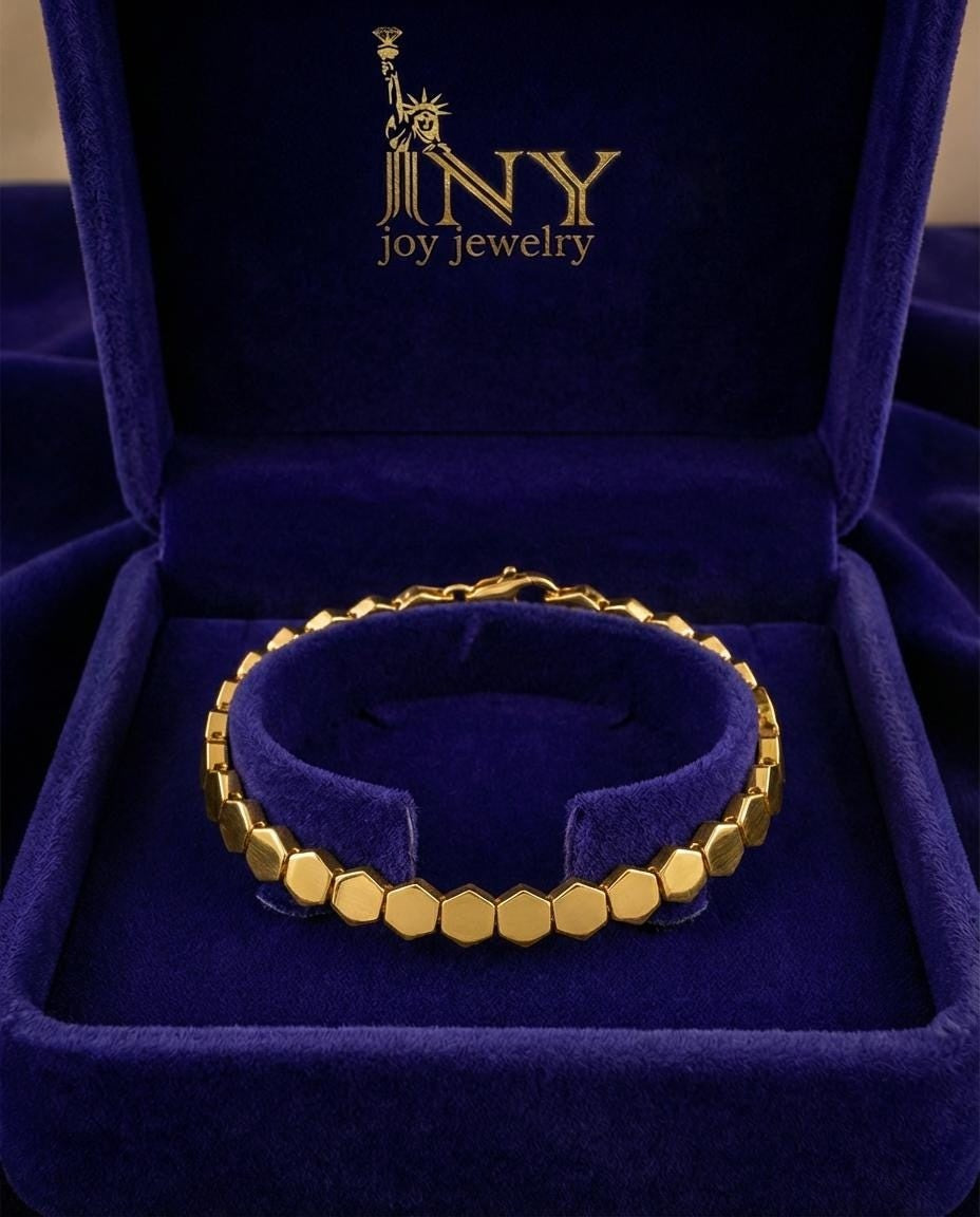 14K Solid Gold Honeycomb Bracelet: Geometric Hexagon Link Chain, Beehive Jewelry